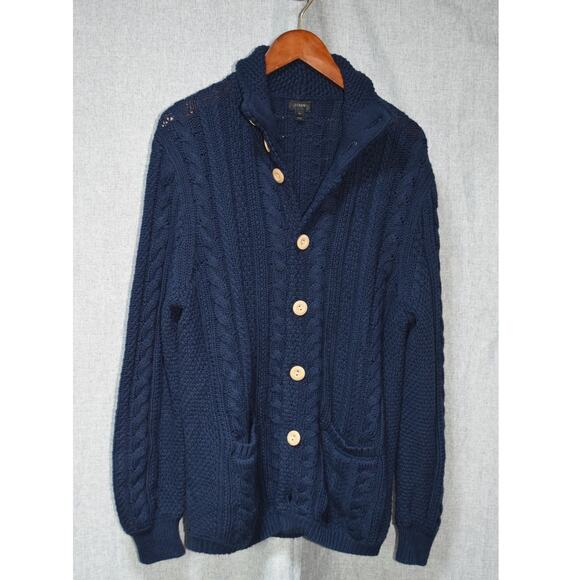 J. Crew Navy Cable Knit Button-Up Cardigan Sweater Men’s Medium - Picture 1 of 4